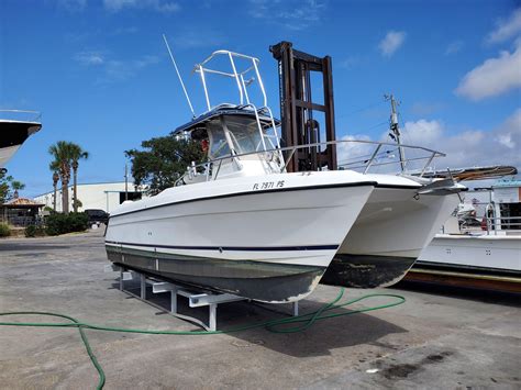 This cat features a “Fly Bridge” and is ready for you to step. . 26 ft power catamaran for sale